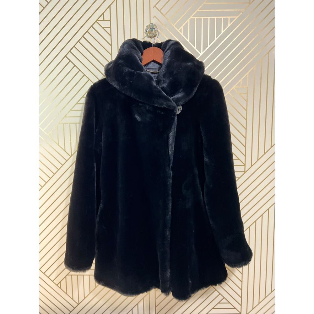 Jones New York Black Faux Fur High Color Coat Sz XS